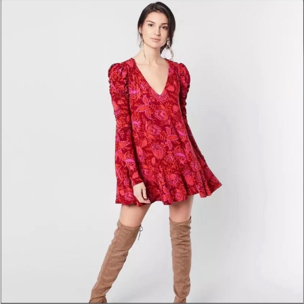 Free People Hello Lover Red Floral Print Tunic Top Small